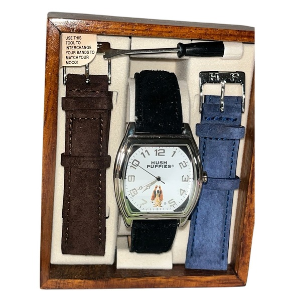 Vintage Hush Puppies Quartz Watch •Black Blue Brown Suede Bands NIB Very Rare - Picture 5 of 12